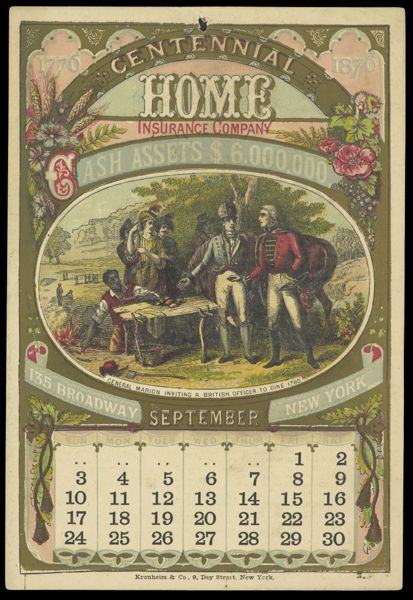 Centennial Home Insurance Company [1876 calendar] - September - General Marion inviting a British officer to dine 1780