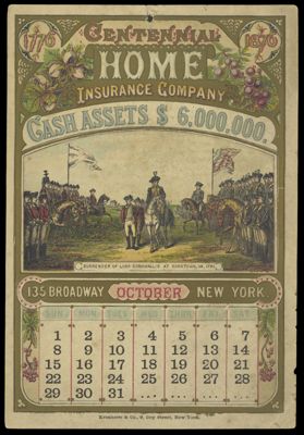 Centennial Home Insurance Company [1876 calendar] - October - Surrender of Lord Cornwallis at Yorktown, VA, 1781.