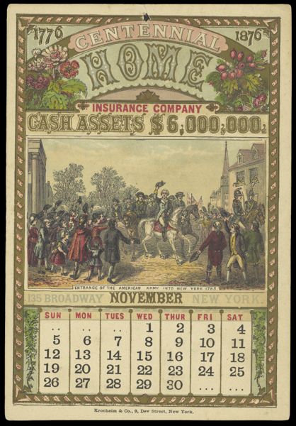 Centennial Home Insurance Company [1876 calendar] - November - Entrance of the American Army into New York 1783.