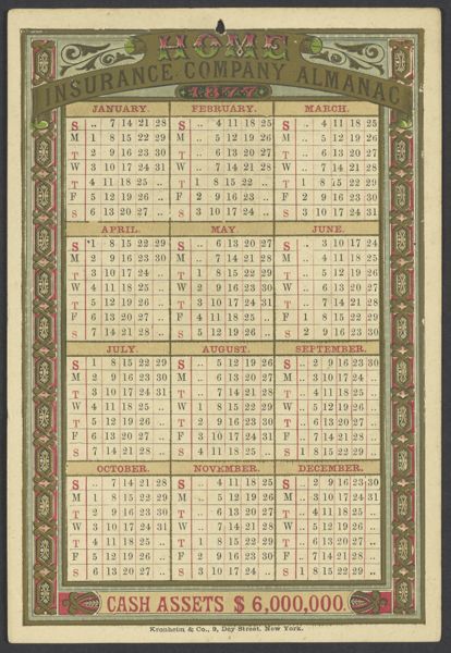 Home Insurance Company Almanac [1877 year long calendar]