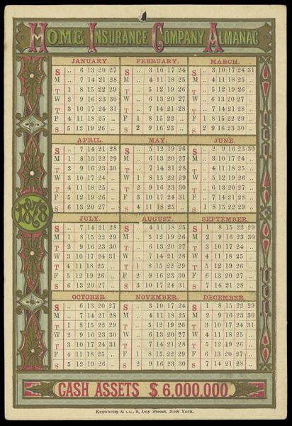 Home Insurance Company Almanac [1878 year long calendar]