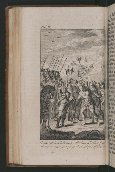 Cortes receives Donna Marina nth other female slaves as a present from the Cacique of Tabasco.