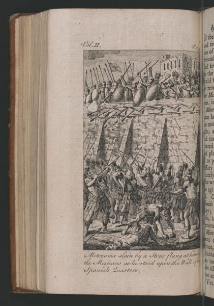 Montezuma slain by a stone flung at him by the Mexicans army as he stood upon the Wall of the Spanish Quarters.