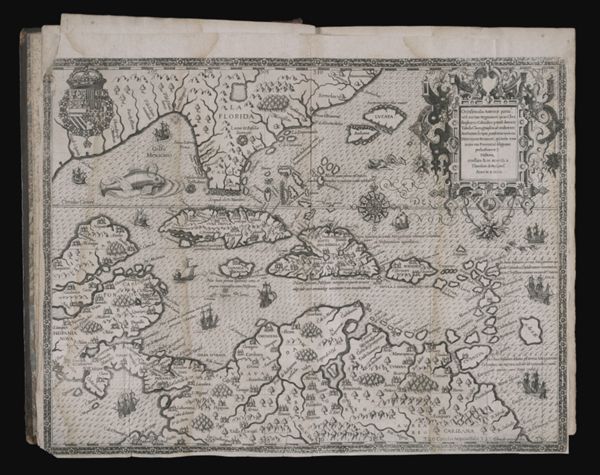 Occidentialis Americæ partis vel earum Regionum quas Christophorus Columbus primu detexit Tabula Chorogrphicaè multorum Auctorum scriptis, præsertim verò ex Hieronymi Benzoni (qui totis XIIII annis eas Provincias diligenter perlustrauit) Historia, conflata & in æs incisa à Therdoro de Bry Leod. Anno MD XCIIII