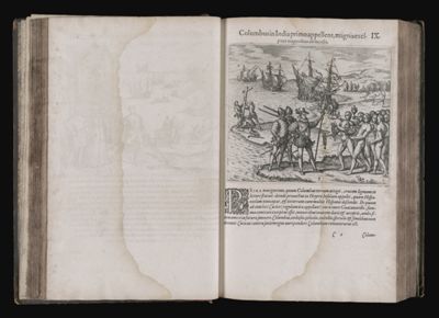 Columbus in India primoappellens, magnis excipitur muneribus ad Incolis. IX.