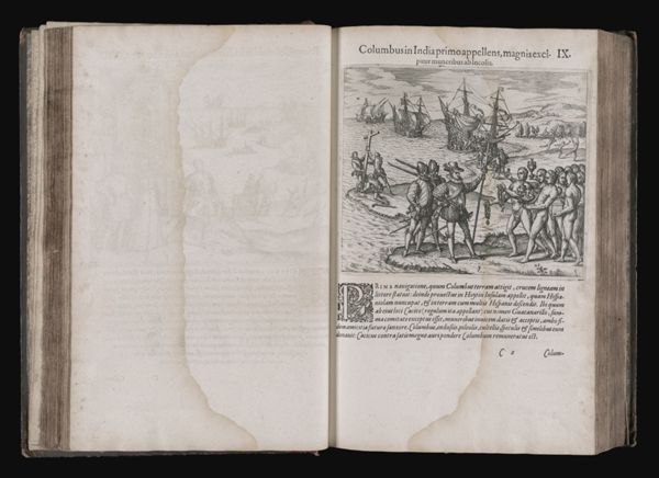 Columbus in India primoappellens, magnis excipitur muneribus ad Incolis. IX.