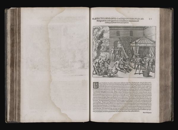 Præfectus Hispanus Caciquos vincvlis adstringit, & succenso ignese eos crematurum minitatur, nisi corbem propositam sexies auro explerent. XV