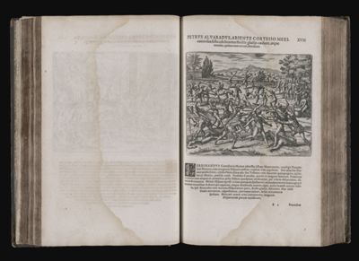 Petrus Alvardus, absente cortesio Mexicanos sua festa cele brantes strictis gladijs cædunt, antque monilia, quibus erant oranti, detrahunt. XVIII