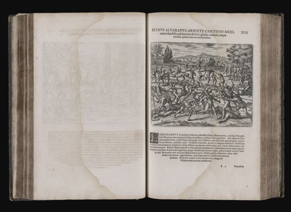 Petrus Alvardus, absente cortesio Mexicanos sua festa cele brantes strictis gladijs cædunt, antque monilia, quibus erant oranti, detrahunt. XVIII