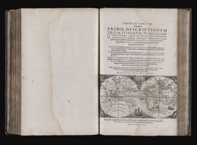 Americae pars VIII continens Primo, descriptionem trium itinerum nobilissimi et fortissimi equitis Francisci Draken, qui peragrato primum universo terrarum orbe, postea cum nobilissimo Equite Iohanne Hauckens ad expugnandum ciuitatem Panama, in indiam nauigauit, ubi vitam suam ambo sinierunt.