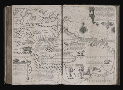 Tabula Geographica nova Omnium ocq Lis exibens et proponens venssimam descriptionem potentissmi et aurifen Regni Guiana sub linea aquinoctiuli inter Brasiliam et peru siti per nautamaliquem qui Gualthero Ralegh navigatione semper adsuit delineata