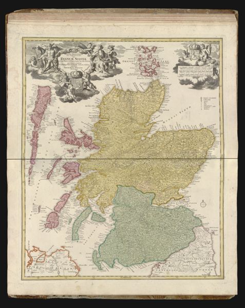 Magnæ Britanniæ Pars Septentrionalis qua Regnum Scotiæ in suas partes et subjacentes insual divisum accurata tabula ex archetypo Vischeriano desumta exhibetur imitatore Ioham Bapt. Homanno Noribergae cum Privilegio Sac. Coes. Majestatis.