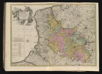 Le comte d'Artois et des environs ou l'on voit le ressort du conseil provincial d'Artois avec les frontieres de Picardie. || The county of Artois and surrounding areas with the borders of Picardy.