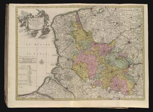 Le comte d'Artois et des environs ou l'on voit le ressort du conseil provincial d'Artois avec les frontieres de Picardie. || The county of Artois and surrounding areas with the borders of Picardy.