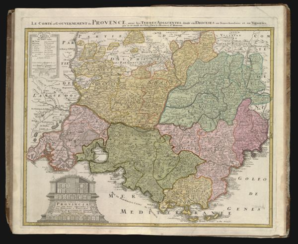 Praefectura generalis & Comitatus Provinciæ una cum terris adjacentibus in suas dioeceses & praeturas subdivisus... || Le comte et gouvernement de Provence, avec less terres adiacentes, divise en dioceses ou Senechaussees et on Vigueries; The county and government of Provence, with adjacent lands, divided into dioceses.