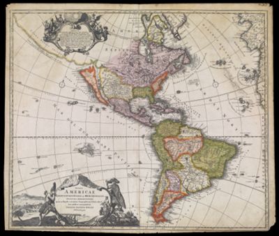Totius Americae Septentrionalis et Meridionalis Novissima Repraesentatio quam ex singulis recentium Geographorum Tabulis collecta luci publicae accommodavit Johannes Baptista Homann Norimbergae.