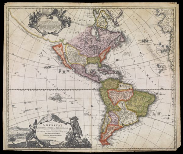Totius Americae Septentrionalis et Meridionalis Novissima Repraesentatio quam ex singulis recentium Geographorum Tabulis collecta luci publicae accommodavit Johannes Baptista Homann Norimbergae.