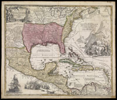 Regni Mexicani seu Novae Hispaniae, Floridae, Novae Angliae, Carolinae, Virginiae, et Pensylvaniae, nec non insvlarvm archipelagi Mexicani in America Septentrionali accurata tabula exhibita a Ioh. Baptista Homanno