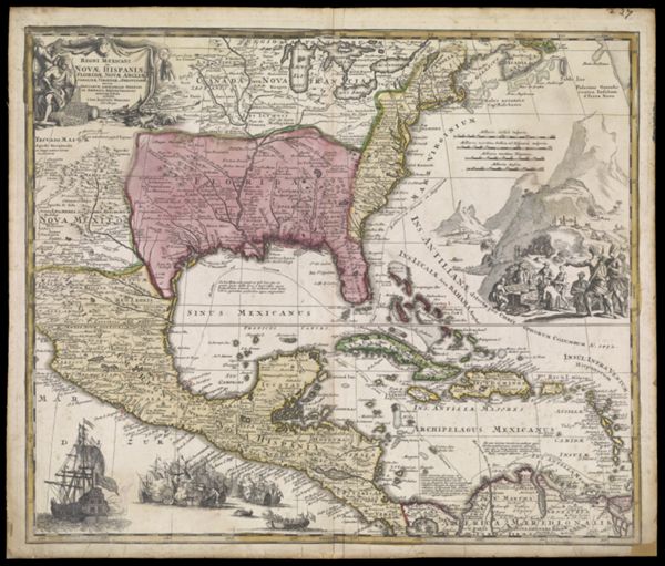 Regni Mexicani seu Novae Hispaniae, Floridae, Novae Angliae, Carolinae, Virginiae, et Pensylvaniae, nec non insvlarvm archipelagi Mexicani in America Septentrionali accurata tabula exhibita a Ioh. Baptista Homanno