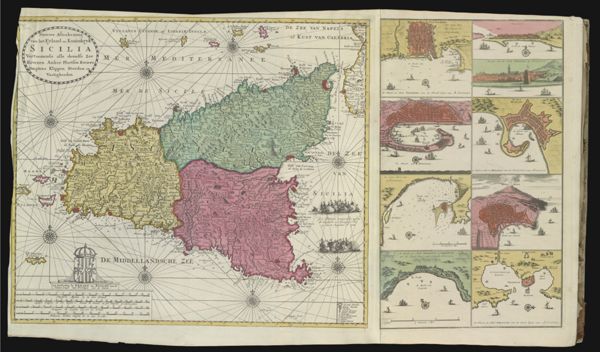 Nieuwe Afteekening van het Eyland en Koninkryk Sicilia Vertoonende alle desselfs zee Havenen Anker Plaetsen Riviere Dieptens Klippen Steeden en Vastigheeden