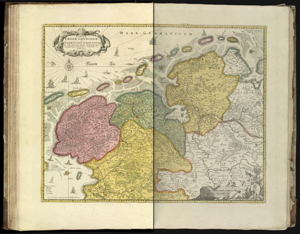 Tabula Frisiae, Groningae, et Territorii Emdensis nec non circumjacentium regioinum, puta Transisalaniae, Benthemiae, Westphaliae et Oldenburgi. || Map of Friesland, Groeningen, and Emden, also the surrounding regions, consider Overijssel, Benthem, Westphalia, and Oldenburg.