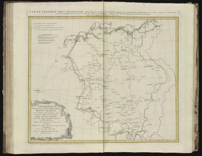 Germaniæ atque in ea locorum principaliorum mappa critica ex latitudinum observationibus, quas colligere licuit, omnibus; mappis specialibus comluribus; itinerariis antiquis Antonini, Augustano et Hierosolymitano, adhibita circumspectione ac saniori crisi concinnata. || Carte critique de l'Allemagne faite suivant un nouveau dessin appuje des monuments authentiques celui; Map of Germany following a new drawing showing the authentic monuments there.
