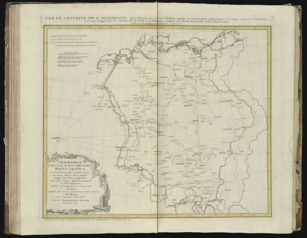 Germaniæ atque in ea locorum principaliorum mappa critica ex latitudinum observationibus, quas colligere licuit, omnibus; mappis specialibus comluribus; itinerariis antiquis Antonini, Augustano et Hierosolymitano, adhibita circumspectione ac saniori crisi concinnata. || Carte critique de l'Allemagne faite suivant un nouveau dessin appuje des monuments authentiques celui; Map of Germany following a new drawing showing the authentic monuments there.