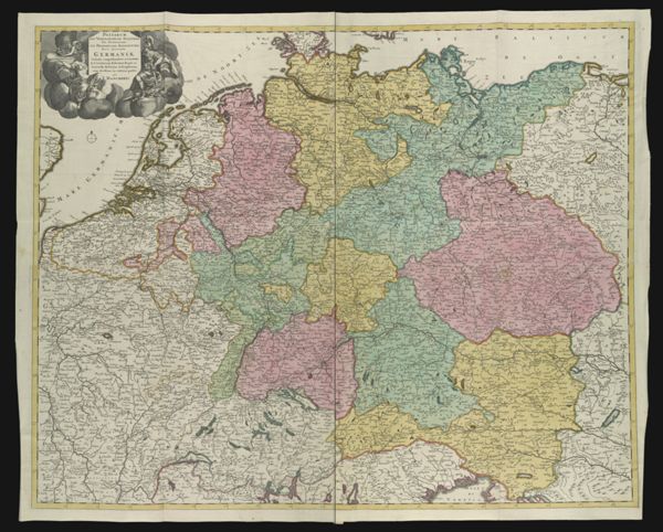 Postarum seu veredariorum stationes per Germaniam et provincias adiacentes nova accurata Germaniæ tabula. || New accurate map of the courier stations of Germania and adjacent provinces.