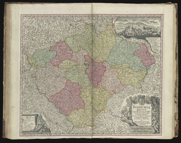 Bohemia regnum juxta XII circulos divisum, cum Comitatu Glacensi et ditione Egrana, nec non confinibus provinciis in mappa geographica accuratissime deliniatum. || Kingdom of Bohemia divided into 12 circles, with the county of Glatz and called Egra, also the borders of the provinces in a geographic map.