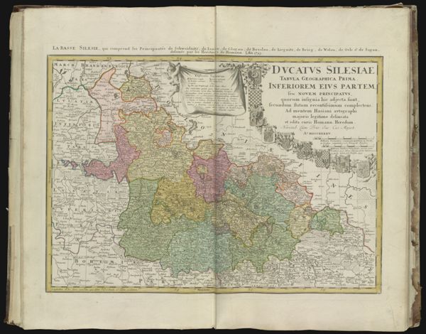 Ducatus Silesiae tabula geographica prima inferiorem eius partem, sue novem principatus quorum insignia hic adjectasunt, secundum statum recentissimun complectens. ||