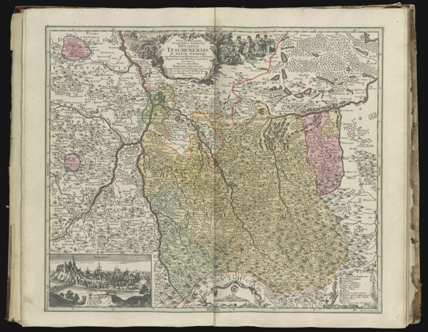 Nova et accura geographica delineato Ducatus Teschenensis in Silesia cum finitimorum Hungariae limitibus et Poloniae regnorum, et ut Moraviae limitibus. || New and accurate geographic drawing of the Duchy of Teschen in Slesia with the borders of neighboring Hungary and Poland, and the border with Moravia.