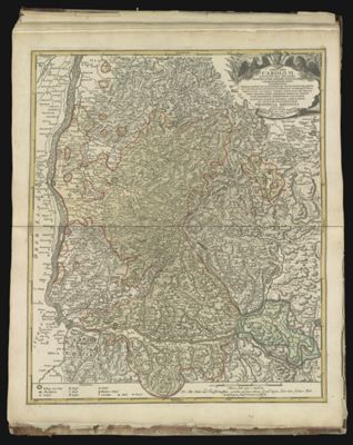 Imp. Caes. Carold Vi. Augusto Pio Victori Gentis Suae Sideri Felicis Simo Chorographiam Hanc Exhibentem Primar Regionum Habspurgicar. Situm Positumq Brevi-busExterarum Ditionum Interuallis Ut Permistum et Implicatum Ita Variis Germ. Terminos Perpetua Transituum Obsidionum Hibernorum Coactionum Vexatione Agitatos Antiquae Fidei Et Invictae Testes Pietatis Supplex Dicat Provincia Brisgoia Avst Ant. MDCCXVIII
