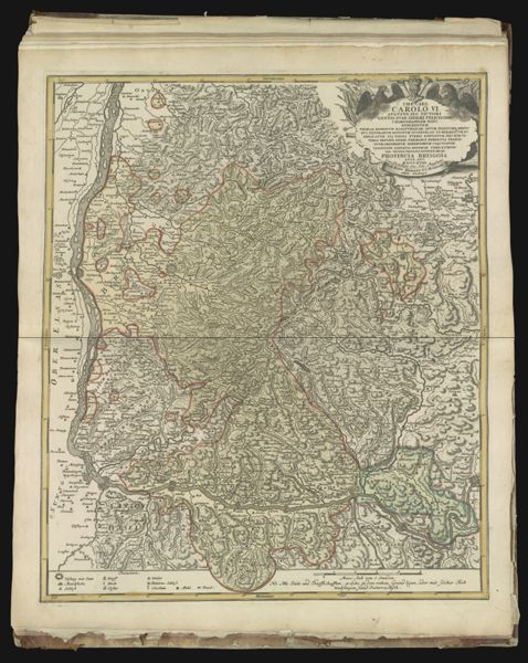 Imp. Caes. Carold Vi. Augusto Pio Victori Gentis Suae Sideri Felicis Simo Chorographiam Hanc Exhibentem Primar Regionum Habspurgicar. Situm Positumq Brevi-busExterarum Ditionum Interuallis Ut Permistum et Implicatum Ita Variis Germ. Terminos Perpetua Transituum Obsidionum Hibernorum Coactionum Vexatione Agitatos Antiquae Fidei Et Invictae Testes Pietatis Supplex Dicat Provincia Brisgoia Avst Ant. MDCCXVIII