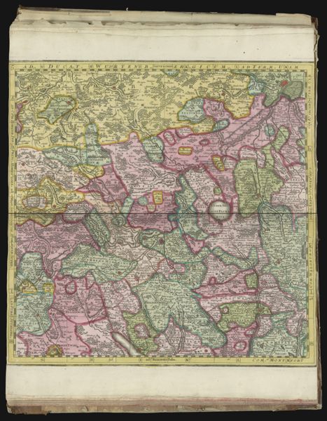 Plate 5 [of an incomplete 9 map set covering Southwest Germany - see notes for positioning] [Text in margin: Ad Ducat. Wurtenbergicum Ad Terr. Ulm Ad. Com Hohenb. Inf. Princ. Hohen Zoll ad Wurt Com. Hohenb. Super Ad Furst Stuhling COm. Waldburg Abb Ochsenhus Com Irchb. Terr. Ulm ad Salm.]