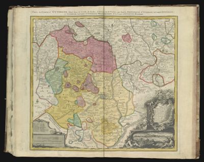 Mappa Geographica Comitatus Oettingensis in Circulo Suevico siti, Prout itte centinet Principatum hodiernum Oetingensem ut & comit. Oetinagano Oetingensem & Oetingano Wallersteinsem & Comit Oeting. Balderensem Similiter Territoria Urbium Imperial Nord, Dukelsbuhl & Bopfing atque alias adjac. regiones Delineate M.F.C. & edentibus