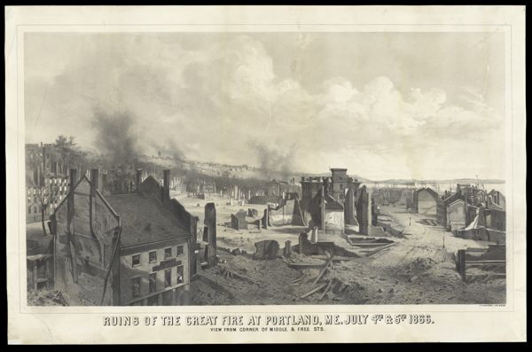 Ruins of the great fire at Portland, Me. July 4th & 5th. 1866. View from corner of Middle & Free Sts.