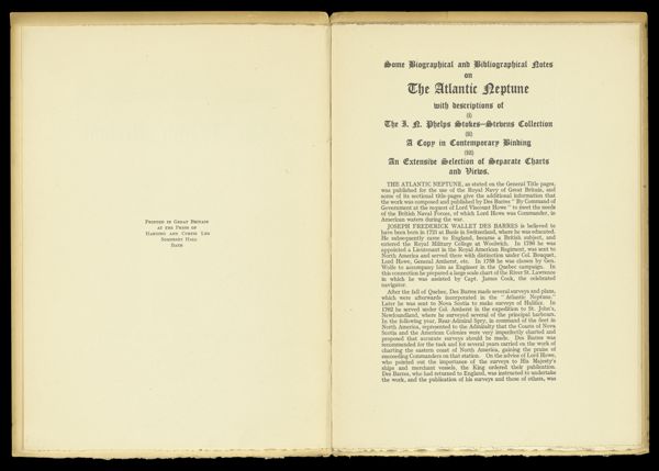 Some Biographical and Bibliographical Notes on The Atlantic Neptune with descriptions of (i) The I.N. Phelps Stokes - Stevens Collection [...]