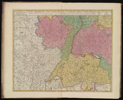 Tabula Geographica Qua Pars Meridionalis Sive Superior Rheni, Mosæ, Et Mosellæ, ac minores in eosdem influentes Fluvii nec non mediæ partes Archiepiscopatus et Electoratus Moguntini et Palatinatus Rheni, Lotharingia Helvetia Alsatia Suevia Ducatus et Comitatus Burgundiae aliaque Galliae et Italiae Confinia peraccurate of tenduntur