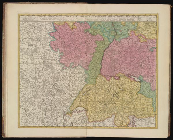 Tabula Geographica Qua Pars Meridionalis Sive Superior Rheni, Mosæ, Et Mosellæ, ac minores in eosdem influentes Fluvii nec non mediæ partes Archiepiscopatus et Electoratus Moguntini et Palatinatus Rheni, Lotharingia Helvetia Alsatia Suevia Ducatus et Comitatus Burgundiae aliaque Galliae et Italiae Confinia peraccurate of tenduntur