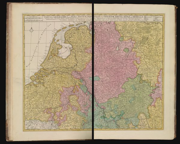 Tabula Geographica Qua Pars Septentrionalis Sive Inferior Rheni, Mosae, Et Mosellae, maximaque Partes Visurgis, Moeni, Amasi, Scaldis, Islae, et alia in eosdem influentia Flumina, nec non Provinciae Germaniae Inferioris, Westphaliae, Coloniensis ac Trevirensis, Cum Partibus Moguntini, et Palatinatus Rheni, et aliae Regiones adjacantes.