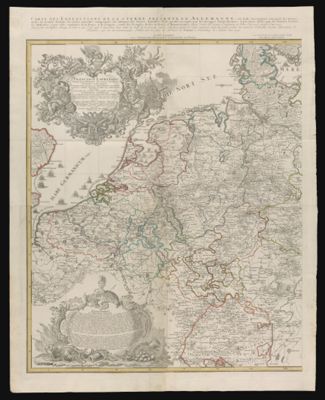 [Western Part of two sheet map] Francisco Lauredano Venetorum Principi Pio Felici Munifico Patribus Conscriptis Venetam Rep. Peregre ac domi feliciter gerentibus publicis consilü regundis, reilitterarae administrandae praefectis Prospectum hunc praesentis