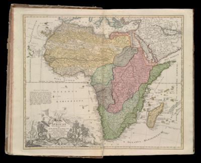 Totius Africae nova repraesentatio qua praeter diversos in ea status et regiones etiam origo nili ex veris R R. P P. Missionariorum relationibus ostenditur á Jo Baptista Homanno Sac. Coes. Majtis Geographo Norimbergae cum privilegio Sac. Caes. Majestatis.