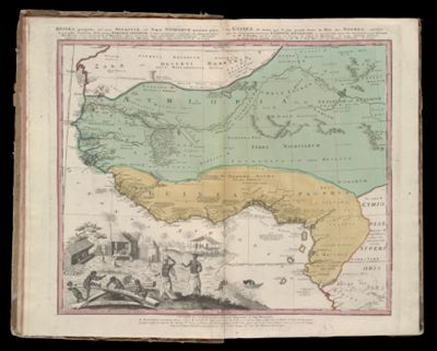 Guinea propria, nec non Nigritiae vel Terrae Nigrorum maxima pars, Geographis hodiernis dicta utrasque Aethiopia inferior, & hujus quidem pars australis ex delineationibus Anvillianis itineri Guineensi D. de Marchais insertis secundum Leges projectionis stereographicae Hasianae designata & edita studio & labore Homannianorum Heredum Norimb. cum privil. S.C.M. A. 1743.