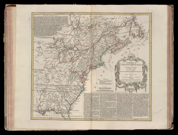 America septentrionalis a Domino d'Anville in Galliis edita nunc in Anglia coloniis in interiorem Virginiam deductis nec non fluvii Ohio cursu aucta notisque geographicis et historicis illustrata sumptibus Hommannianorum Heredum Noribergae. Ao. 1756.