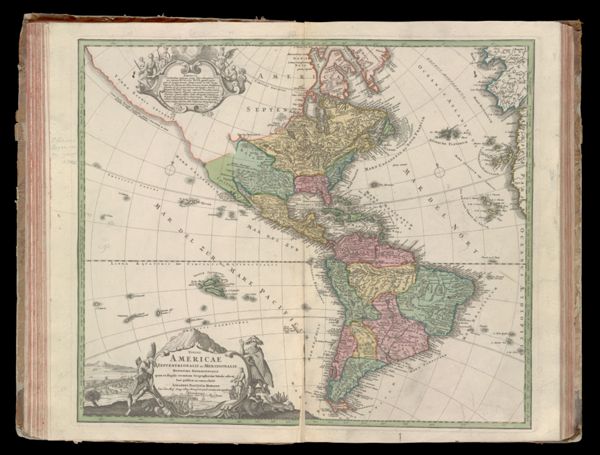 Totius Americae septentrionalis et meridionalis novissima repraesentatio quam ex singulis recentium geographorum tabulis collecta luci publicae accomodavit Johannes Baptista Homann Sac. caes maj. geog. e reg. boruss societ Scientiarum membrum, Norimbergae Cum privilegio sac. caes. majestatis.