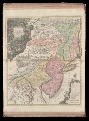 Pensylvania Nova Jersey et Nova York cum regionibus ad fluvium Delaware in America sitis, Nova delineatione ob oculos posita per Matth. Seutterum S. C. M. Geogr Aug. Vind.