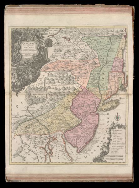 Pensylvania Nova Jersey et Nova York cum regionibus ad fluvium Delaware in America sitis, Nova delineatione ob oculos posita per Matth. Seutterum S. C. M. Geogr Aug. Vind.
