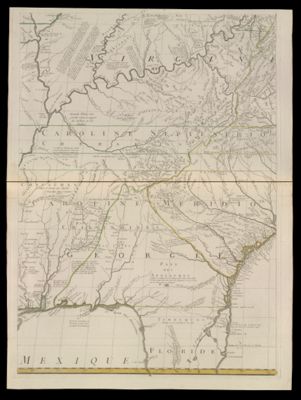 Amerique Septentrionale avec les routes, distances en miles, villages et establissements François et Anglois. Par le Docteur Mitchel traduit de l'Anglois A Paris Par le rouge ingr. geographe du roy rue des grands Augustins 1756.