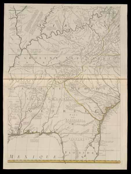 Amerique Septentrionale avec les routes, distances en miles, villages et establissements François et Anglois. Par le Docteur Mitchel traduit de l'Anglois A Paris Par le rouge ingr. geographe du roy rue des grands Augustins 1756.