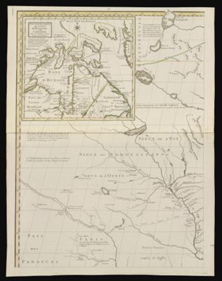 Amerique Septentrionale avec les routes, distances en miles, villages et establissements François et Anglois. Par le Docteur Mitchel traduit de l'Anglois A Paris Par le rouge ingr. geographe du roy rue des grands Augustins 1756.